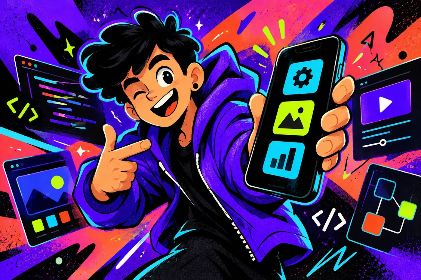 Creativo ilustrado con teléfono y colores morado, coral y azul