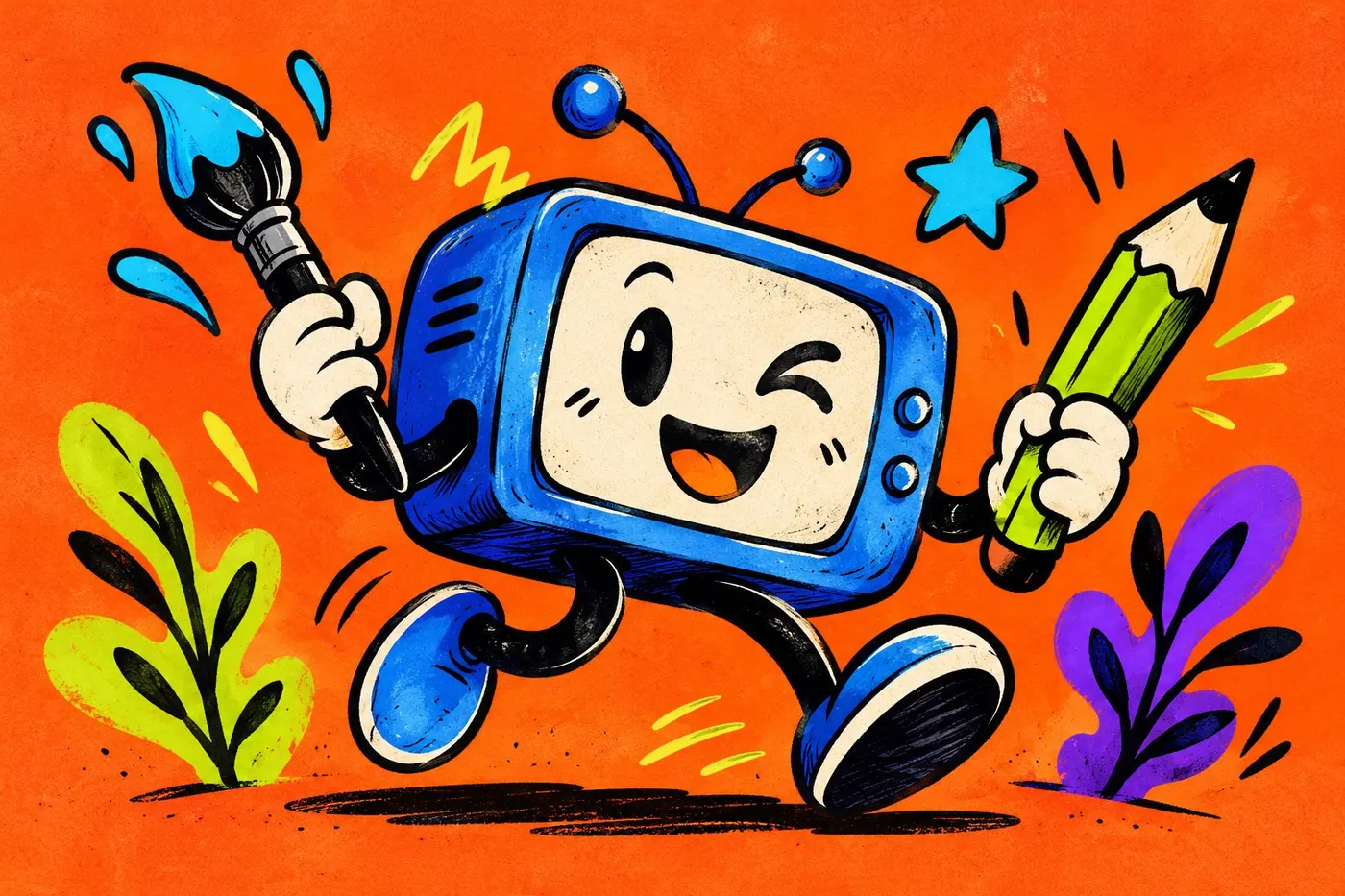 Personaje de televisión ilustrado sobre fondo naranja con herramientas creativas