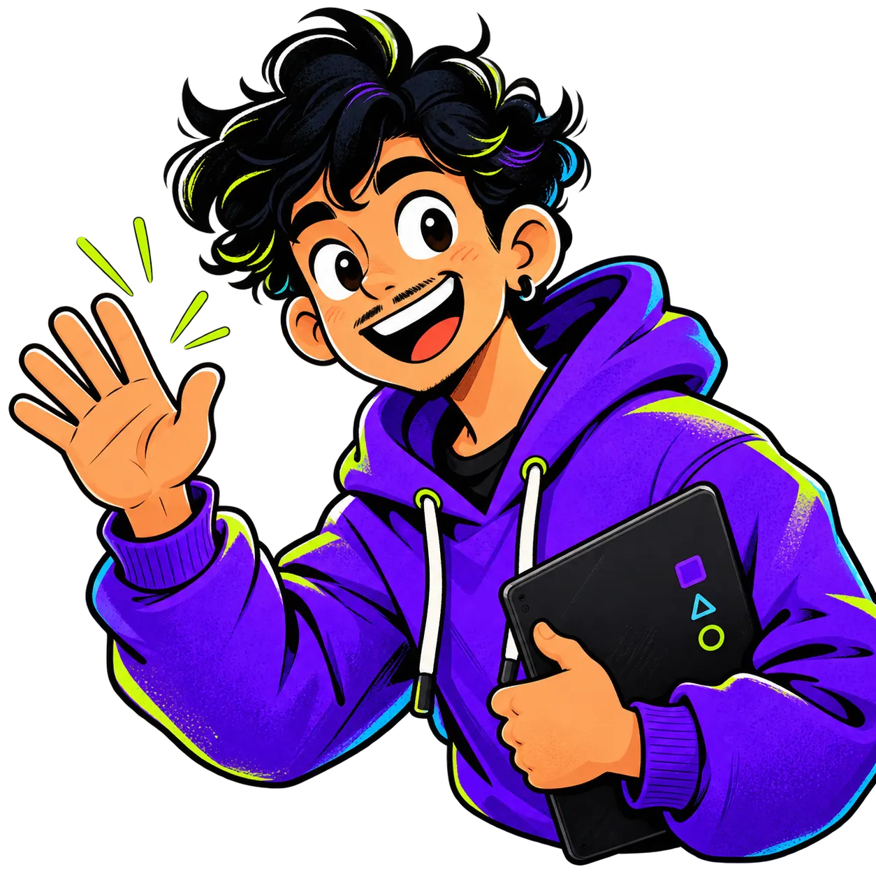 Mascota ilustrada de Trazo Fiero con sudadera morada, saludando y llevando una tableta de diseño
