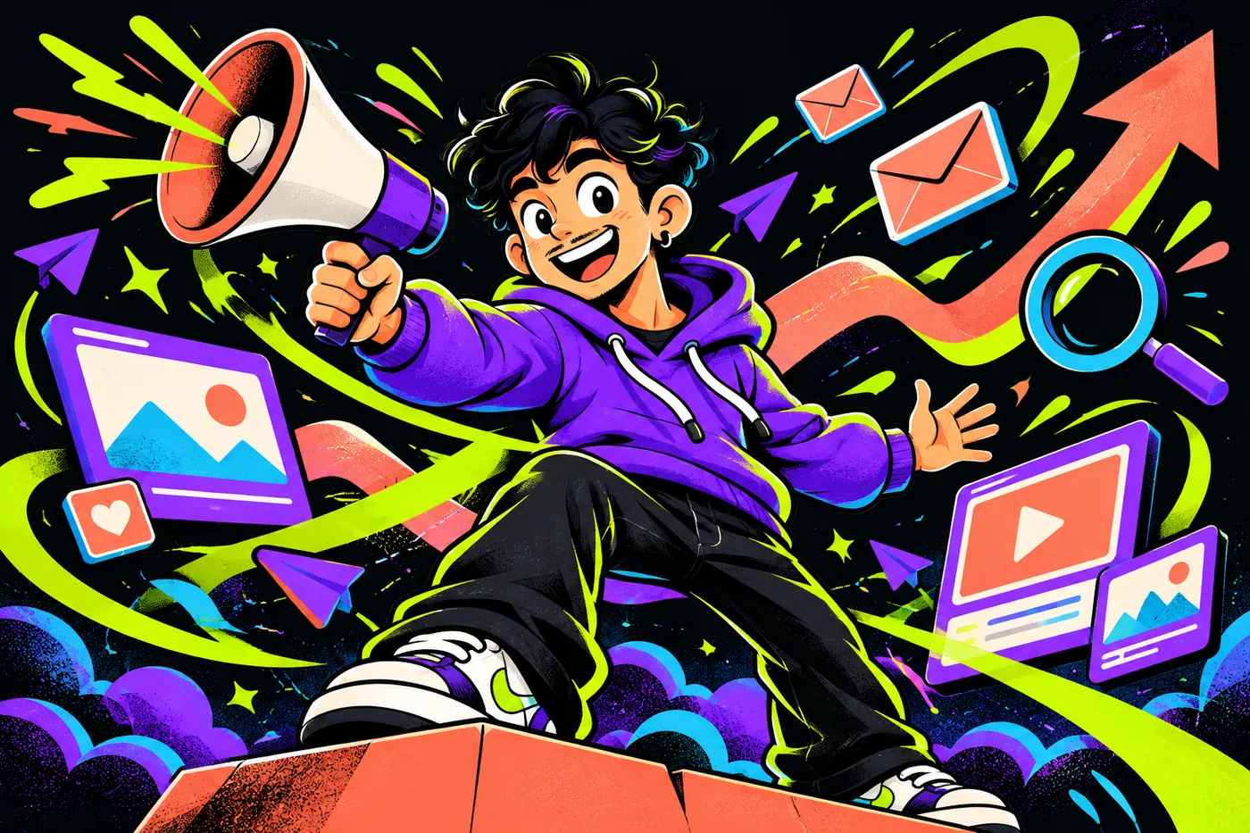 El personaje de Trazo Fiero coordinando campañas con un megáfono, un email y piezas de contenido
