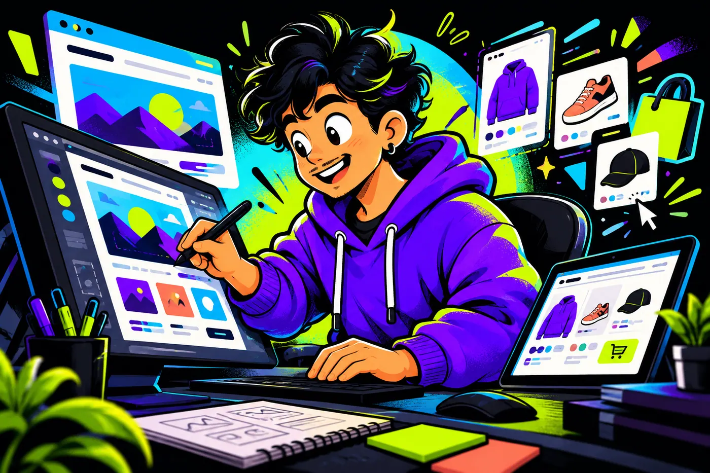 El creativo de Trazo Fiero diseñando una web y una tienda online en su estudio