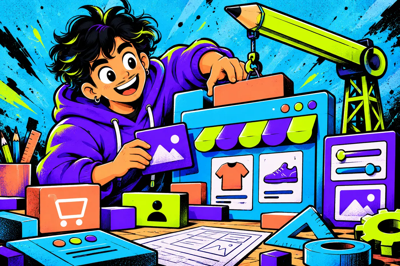 El personaje de Trazo Fiero construyendo un escaparate digital con bloques de diseño