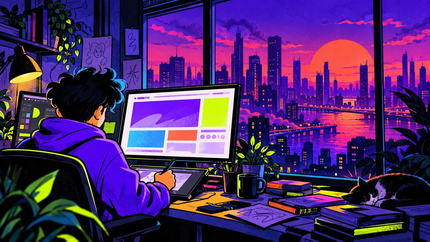 Ilustración de un creativo trabajando en su estudio frente a una ciudad violeta al atardecer